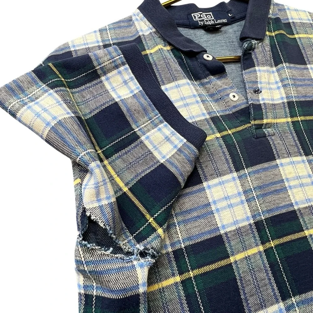 Polo Ralph Lauren Rugby Shirt Mens Large Plaid Tartan Style Made USA Distressed